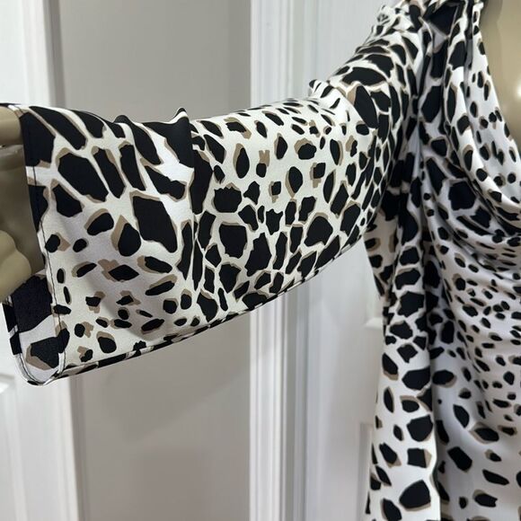JOSEPH RIBKOFF ANIMAL PRINT SATIN TOP WITH COWL NECKLINE BLACK, TAN AND WHITE. - Picture 8 of 11
